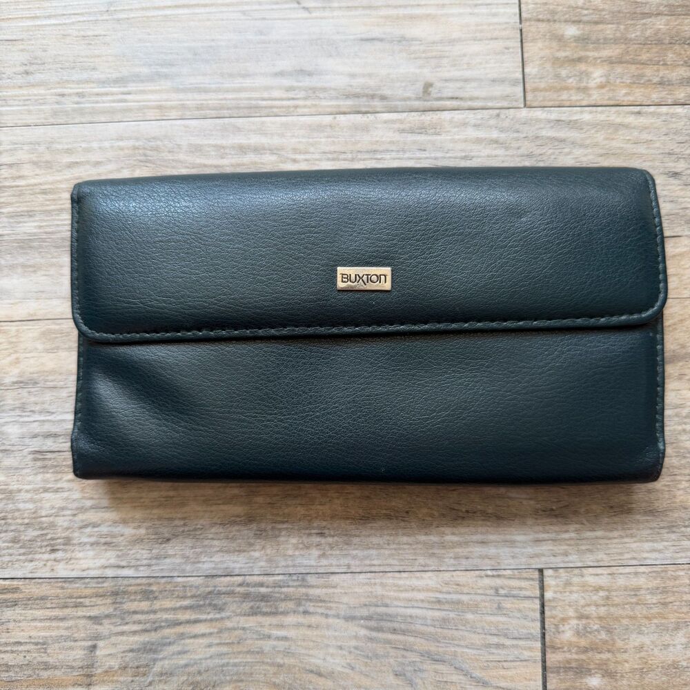 Vintage Buxton Green Leather Wallet Classic Long Bifold Organizer Minimalist